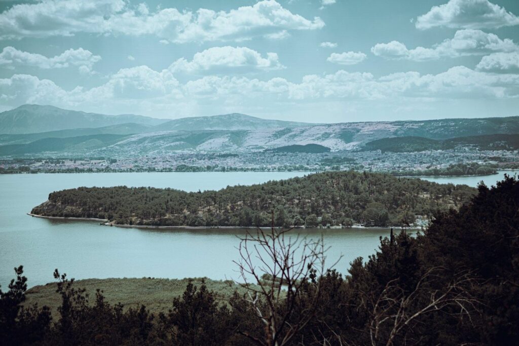 Lake Pamvotida with the island and the city of Ioannina in the background