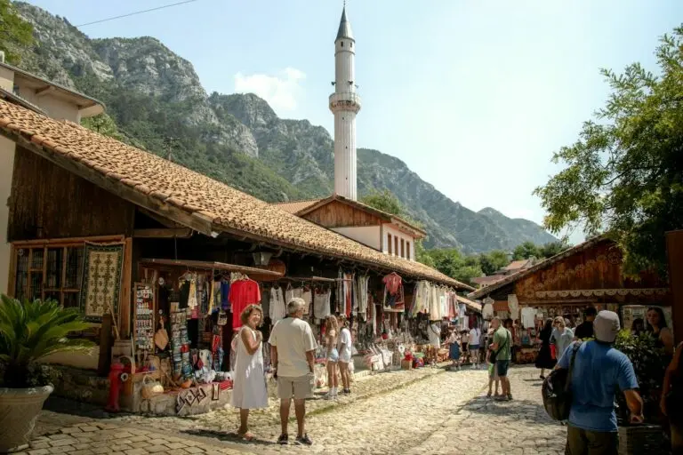Il vecchio bazar di Kruja con il minareto e le montagne