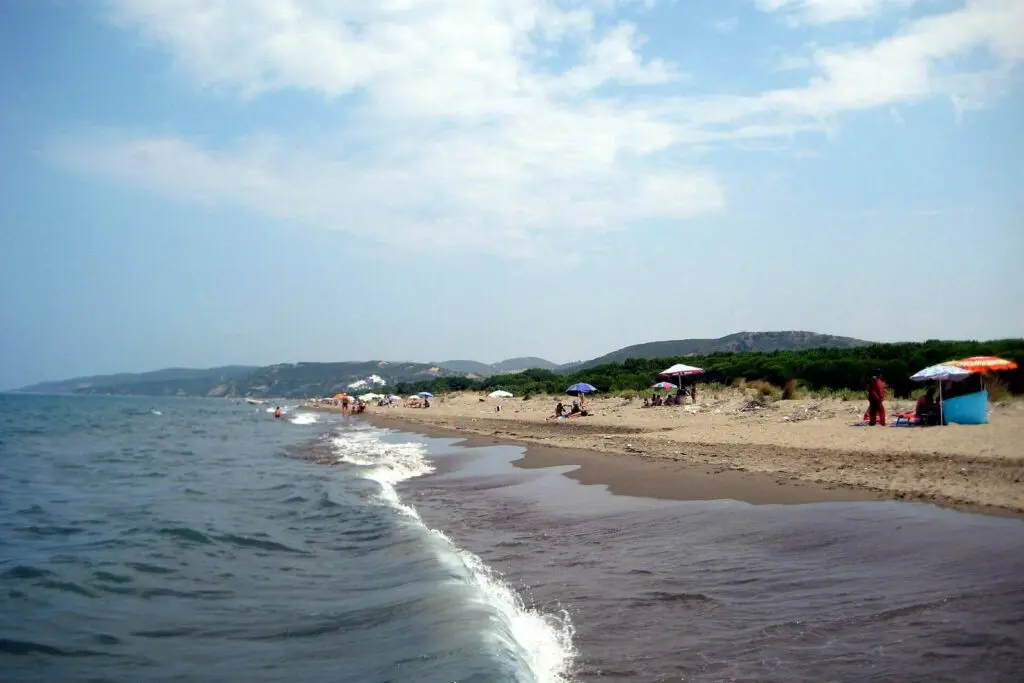 La spiaggia sabbiosa di Spille con i pini alle sue spalle